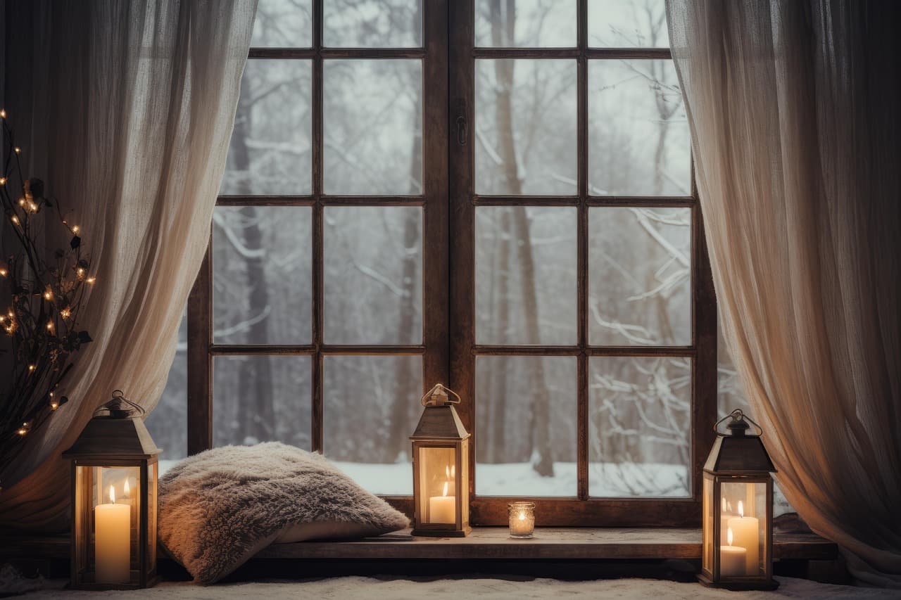 Warm room with candles and lanterns by a window on a winter evening